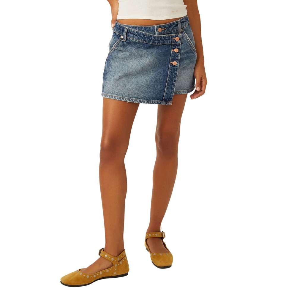 Free People Wynne Asymmetric Denim Wrap Mini Skirt Size 28